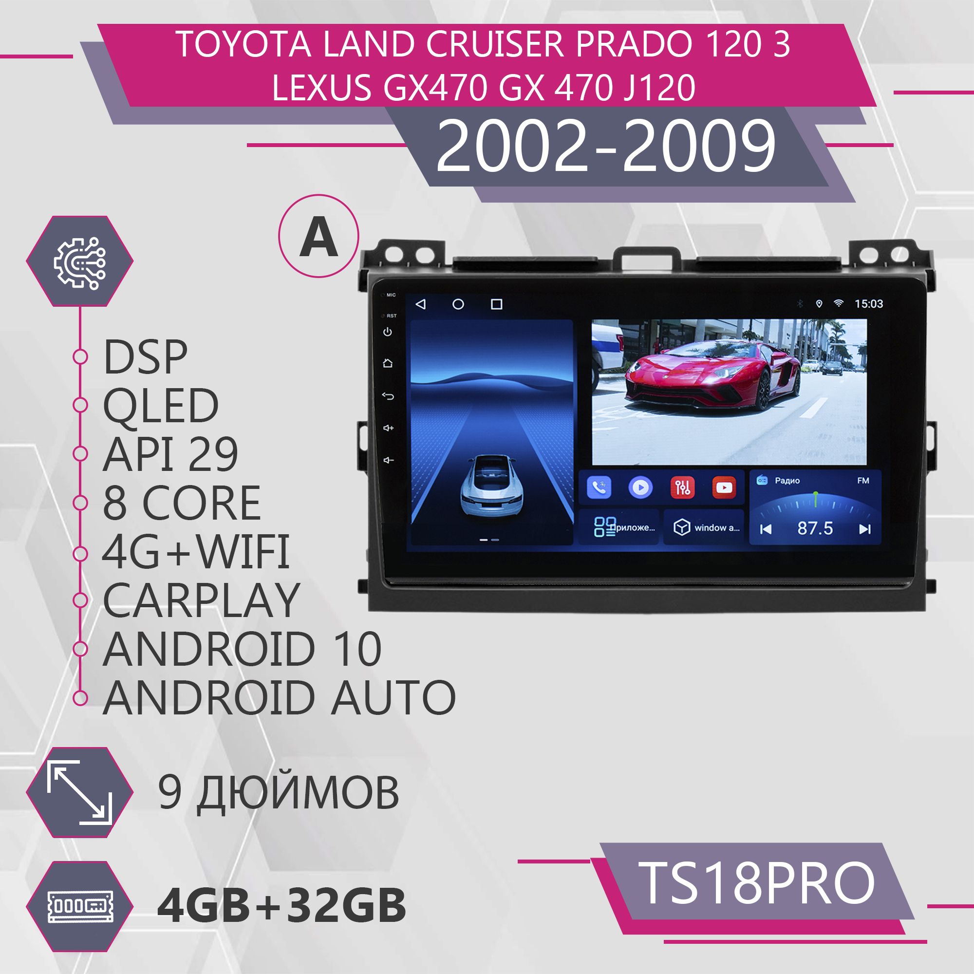 

Штатная автомагнитола TS18Pro/ 4+32GB для Toyota Land Cruiser Prado 120 3 Lexus GX470 Прад, TS10PROTLC120