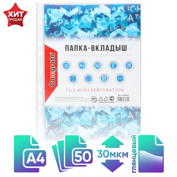 

Папка с вкладышами (файлами) Calligrata А4, 30 мкм, глянцевый, 50 штук, Разноцветный, А4, 30 мкм, глянцевый, 50 штук