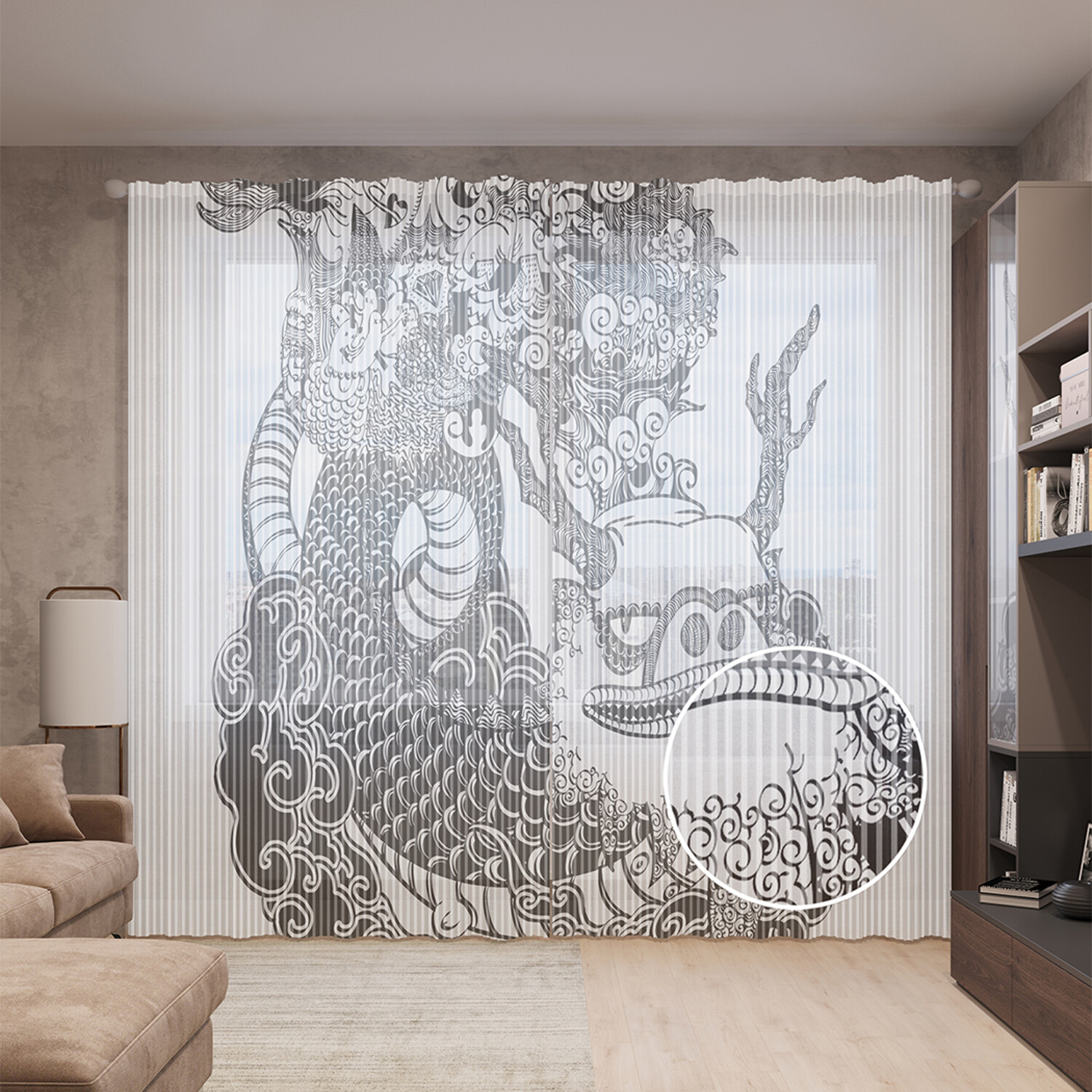 фото Тюль вуаль на шторной ленте с принтом joyarty "азиатский дракон", 310х265 см