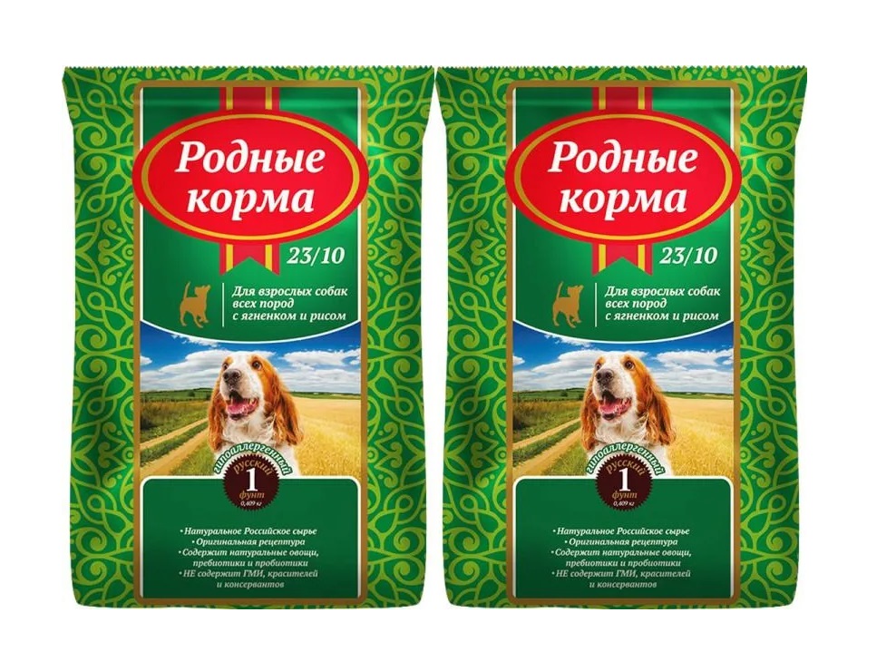 Сухой корм для собак Родные Корма Русский фунт, ягненок, рис, 2 шт по 409 г