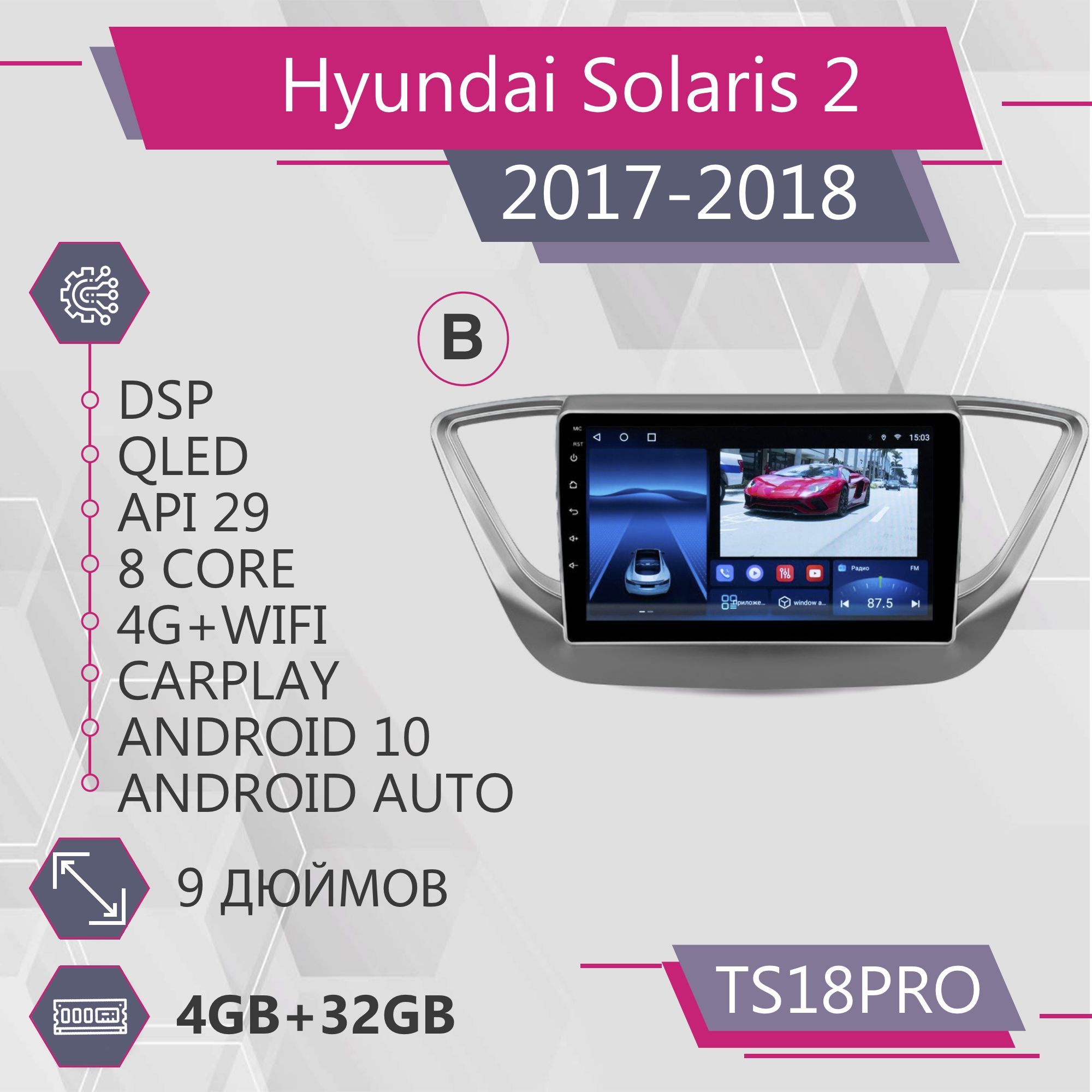 Магнитола Точка Звука TS18Pro для Hyundai Solaris 2/ Хендай Солярис Комплект В 4+32GB