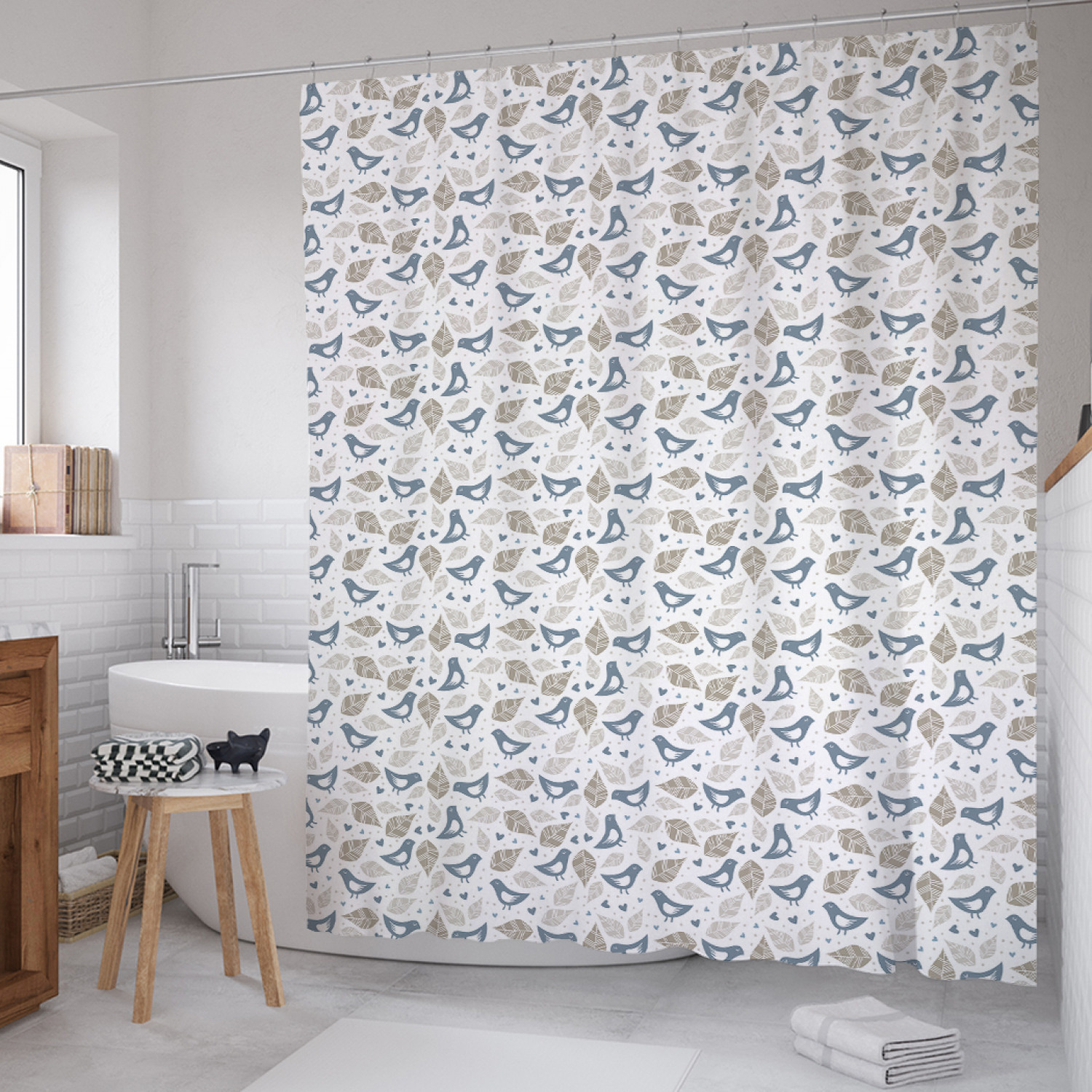 

Штора для ванной JoyArty "Птички и листики" из сатена, 180х200 см с крючками, Серый, Птички и листики