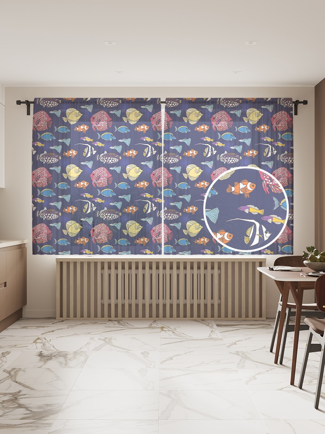 

Фототюль JoyArty "Яркие рыбки", 145x180 см (2 полотна со шторной лентой + 50 крючков), Яркие рыбки