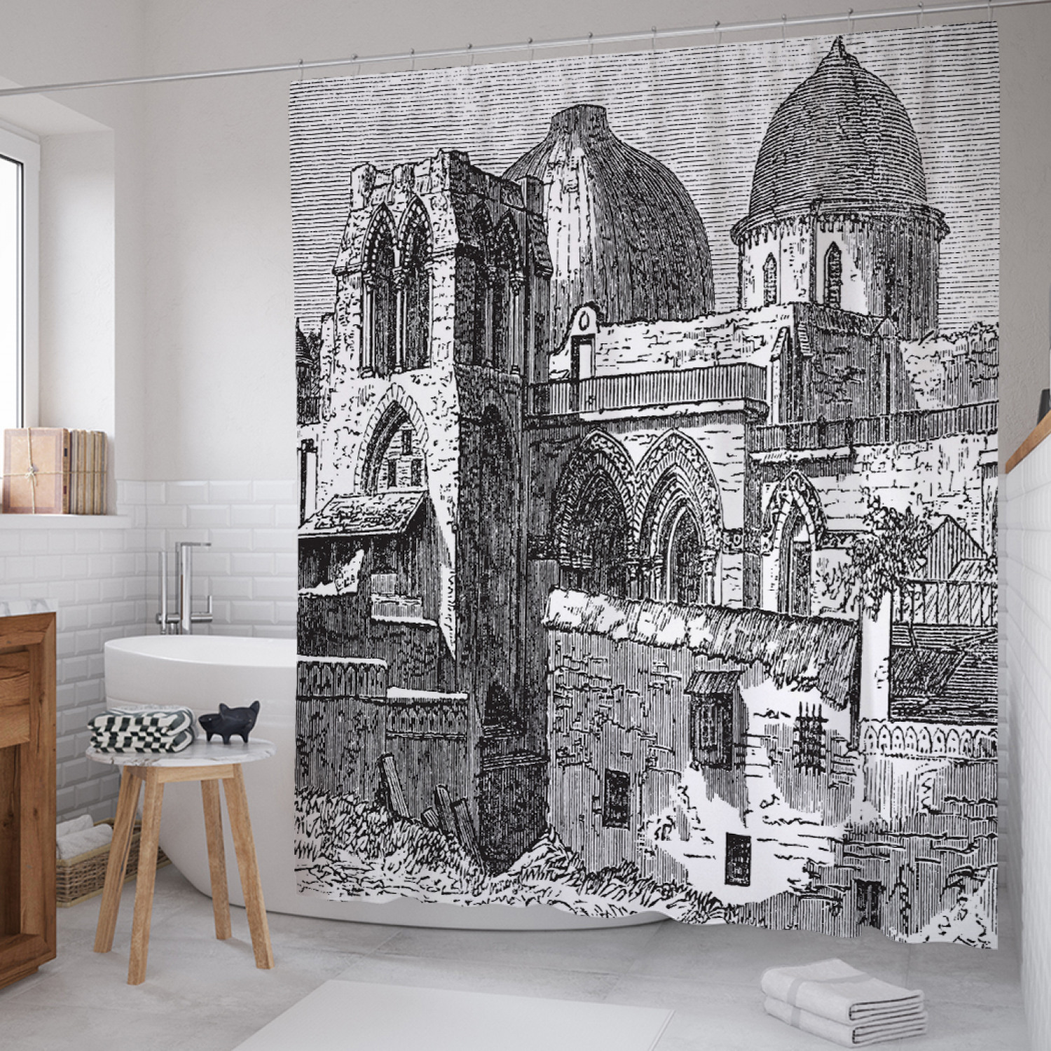 

Штора для ванной JoyArty "Храм гроба Господня" из сатена, 180х200 см с крючками, Серый, Храм гроба Господня