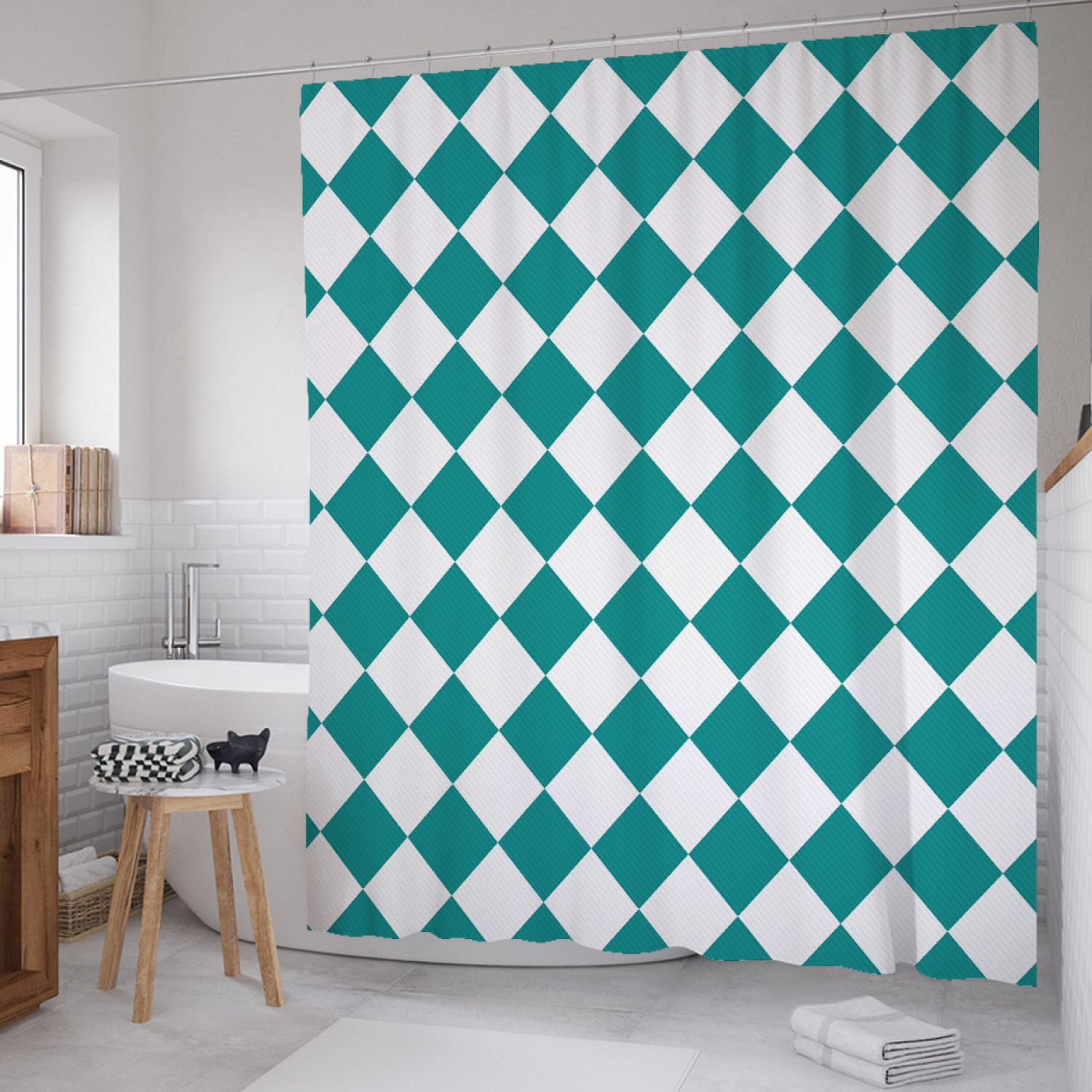 

Штора для ванной JoyArty "Текстильные ромбы" из сатена, 180х200 см с крючками, Зеленый, Текстильные ромбы