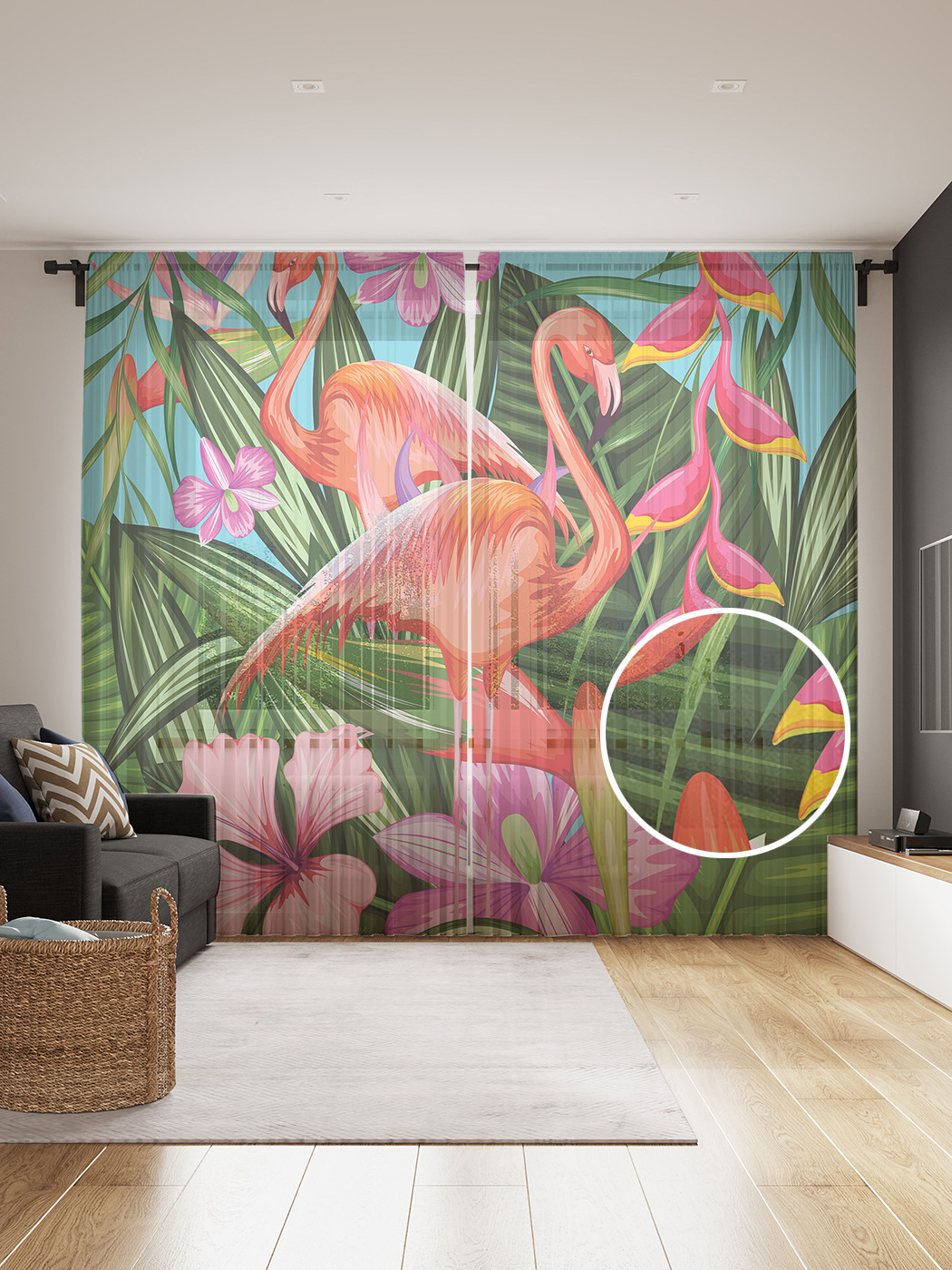 

Фототюль JoyArty "Фламинго в цветах", 145x265см (2 полотна со шторной лентой + 50 крючков), Фламинго в цветах