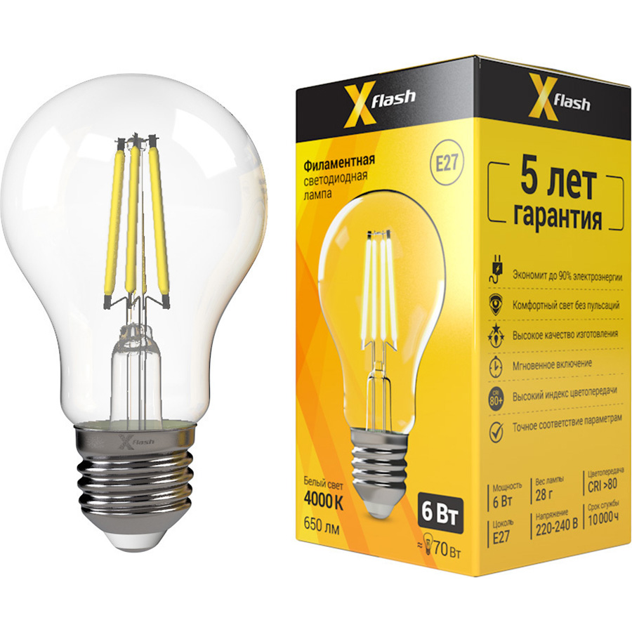 

X-Flash Лампочка светодиодная XF-E27-FL-A60-6W-4000K-230V арт.48038