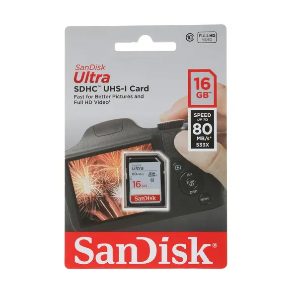 Карта памяти SanDisk Micro SDHC 16Гб 16GB Ultra Class 10 UHS-I (SDSDUNC-016G-GN6IN)