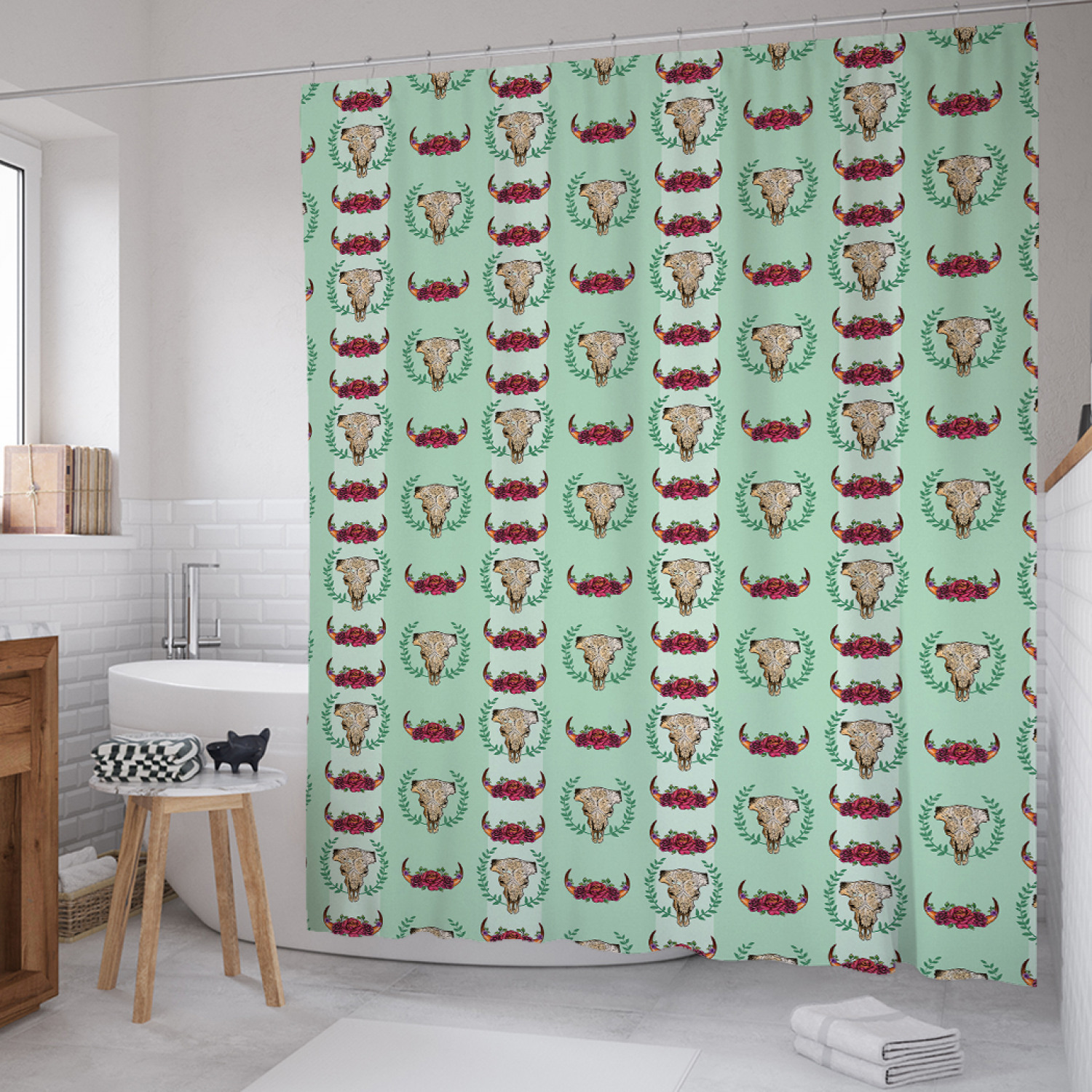 

Штора для ванной JoyArty "Череп быка и рога с розами" из сатена, 180х200 см с крючками, Зеленый, Череп быка и рога с розами
