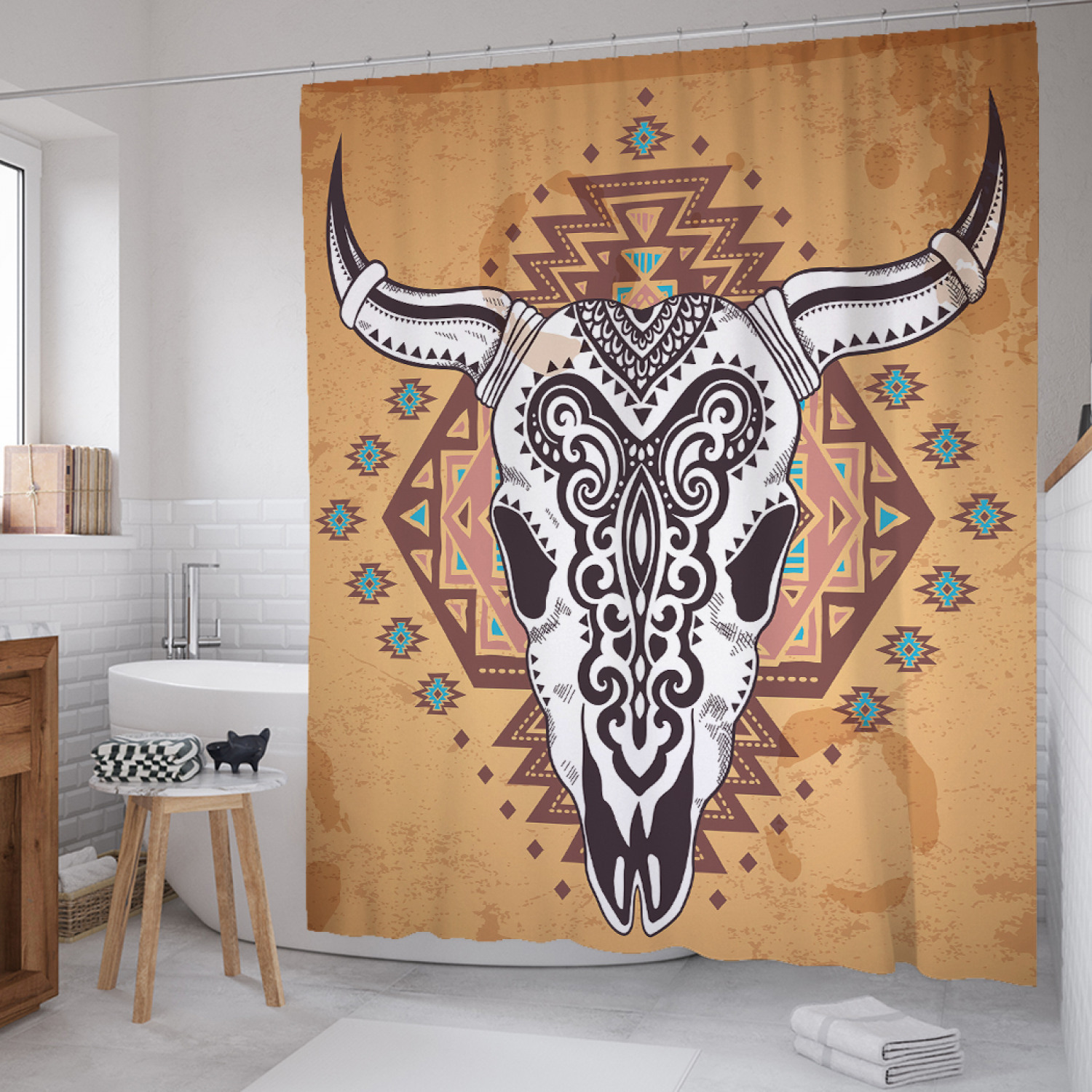 

Штора для ванной JoyArty "Орнаментальный череп быка" из сатена, 180х200 см с крючками, Бежевый, Орнаментальный череп быка