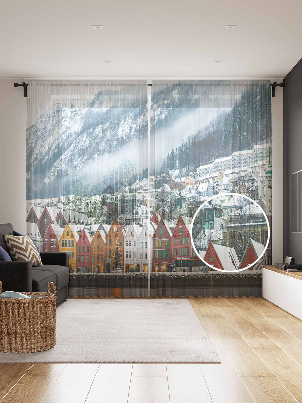 

Фототюль JoyArty "Заснеженный город", 145x265см (2 полотна со шторной лентой + 50 крючков), Заснеженный город