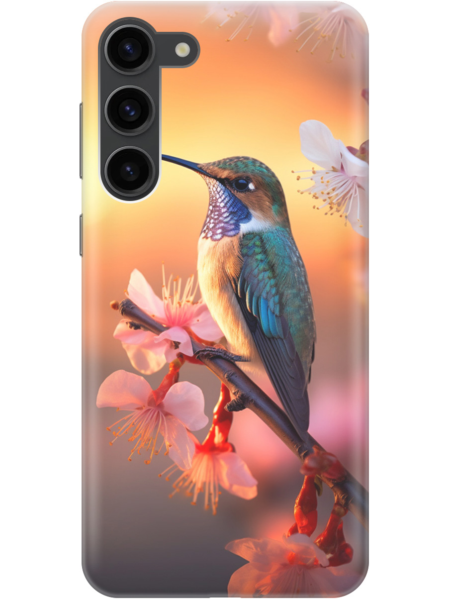 

Силиконовый чехол на Samsung Galaxy S23+ с рисунком "Птичка и закат", Желтый;красный, 20000659