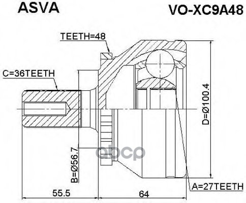 

ШРУС наружн [A:36, B:27, D:56.5mm, ABS:48] Volvo: XC90 03> PATRON PCV3031
