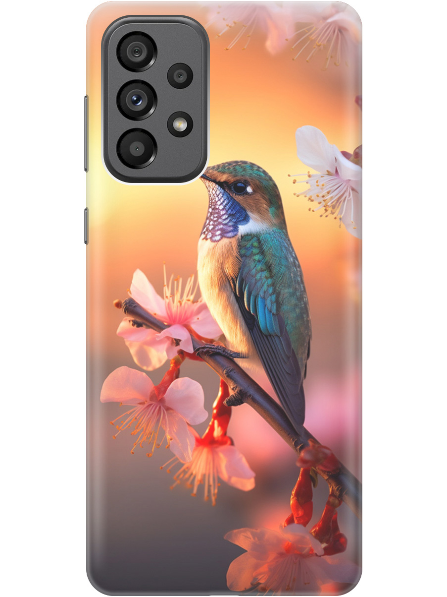 

Силиконовый чехол на Samsung Galaxy A73 5G с рисунком "Птичка и закат", Желтый;красный, 20001057