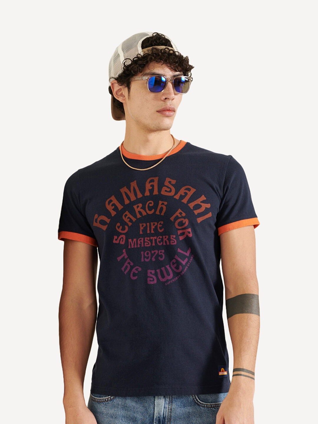 

Футболка мужская Superdry CALI SURF GRAPHIC RINGER TEE синяя M, CALI SURF GRAPHIC RINGER TEE