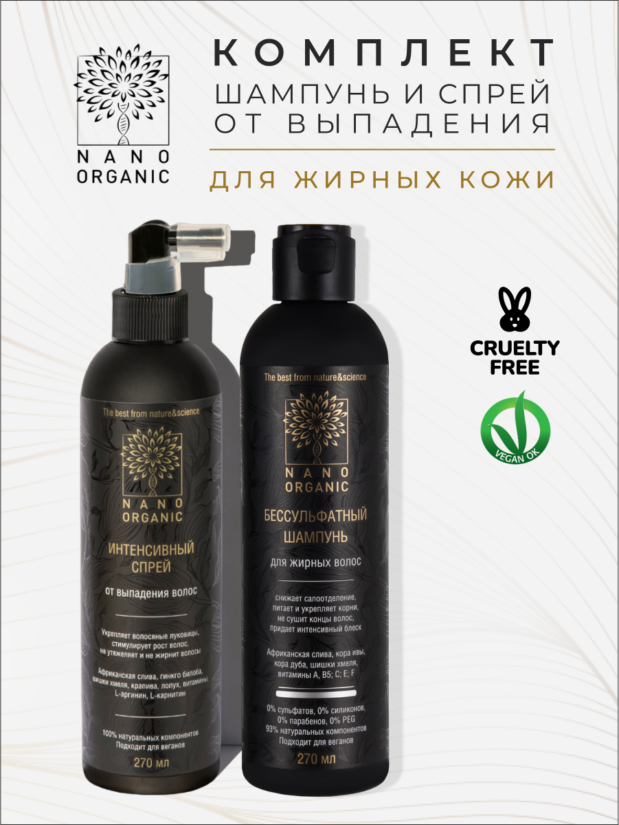 Комплект Nano Organic Для жирных волос шампунь и спрей от выпадения 540 мл витамины русские корни бобровая струя и живица 30 шт