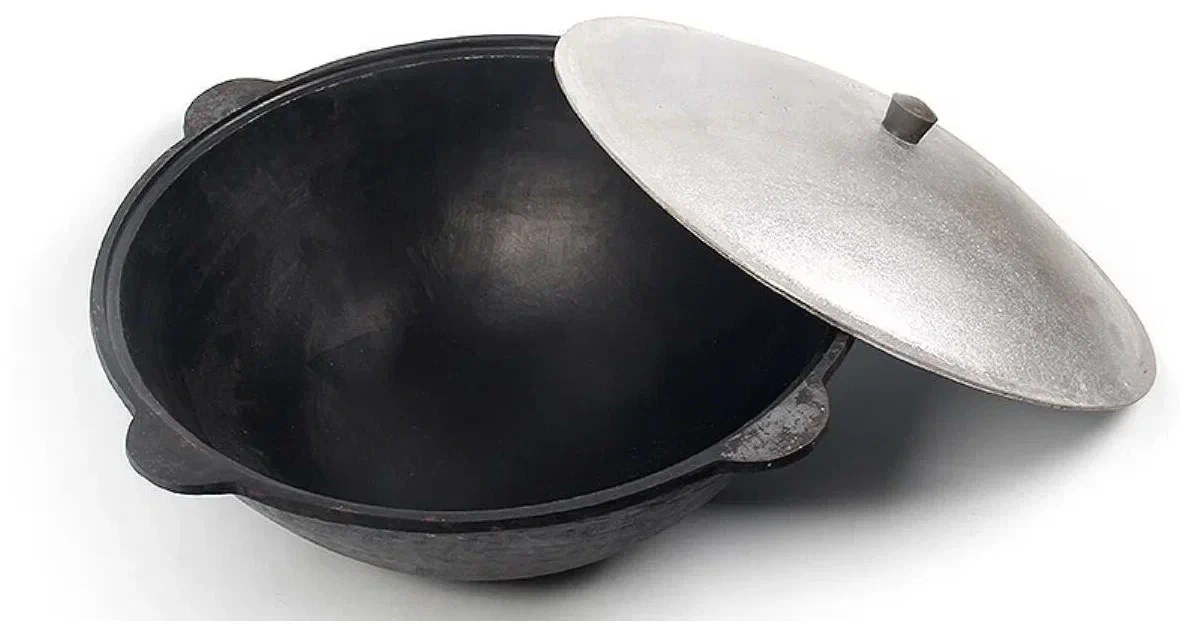 Казан чугунный 22л Наманган Узбекская посуда круглое дно, алюминиевая крышка