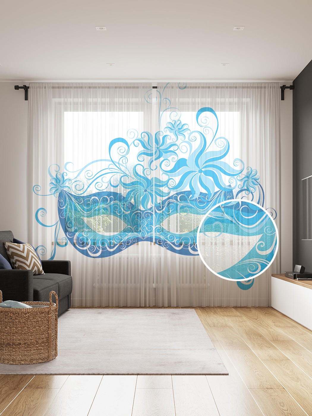 фото Фототюль joyarty "маска с завитками", 145x265см (2 полотна со шторной лентой + 50 крючков)