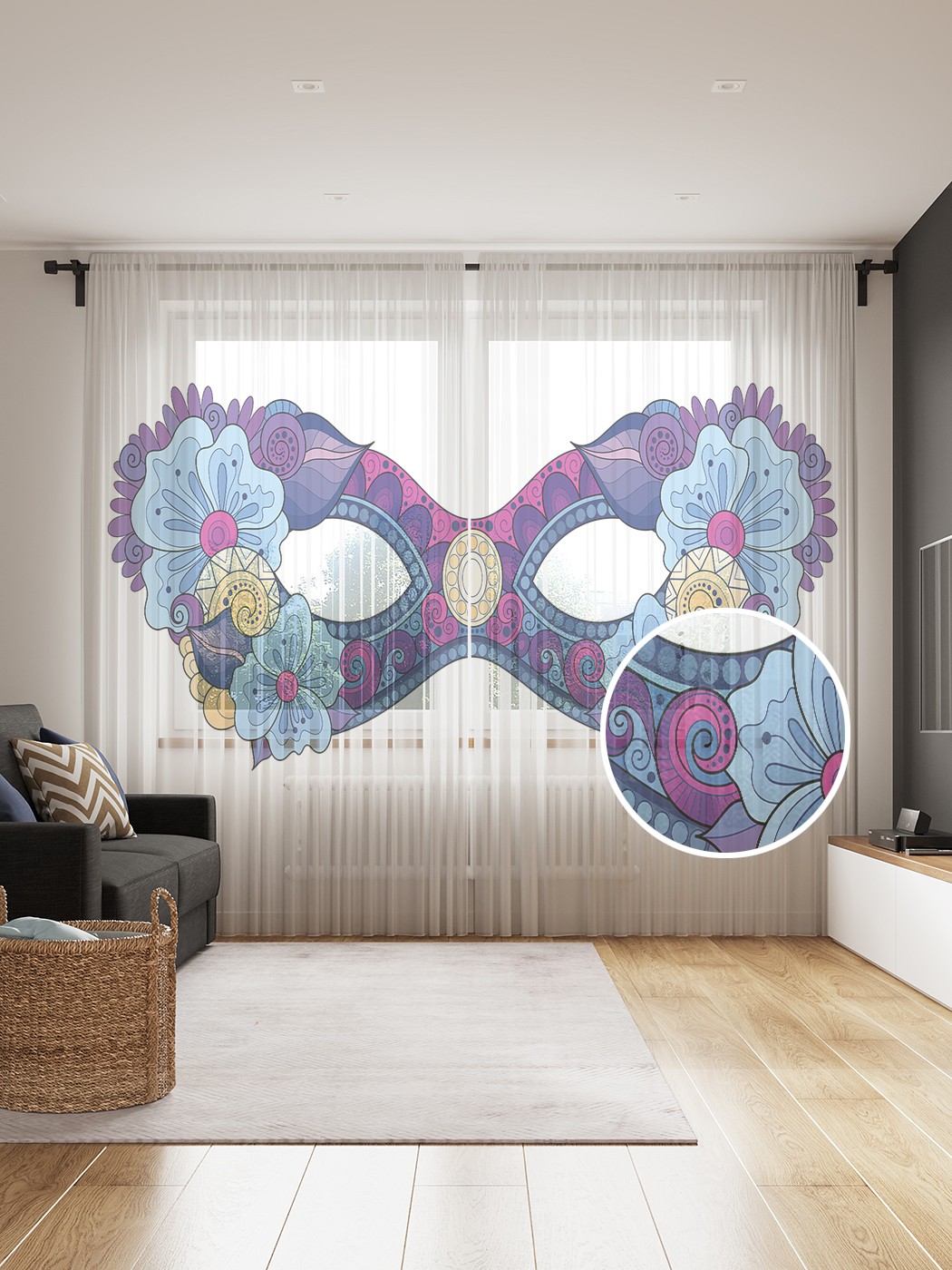 фото Фототюль joyarty "маска с цветами", 145x265см (2 полотна со шторной лентой + 50 крючков)