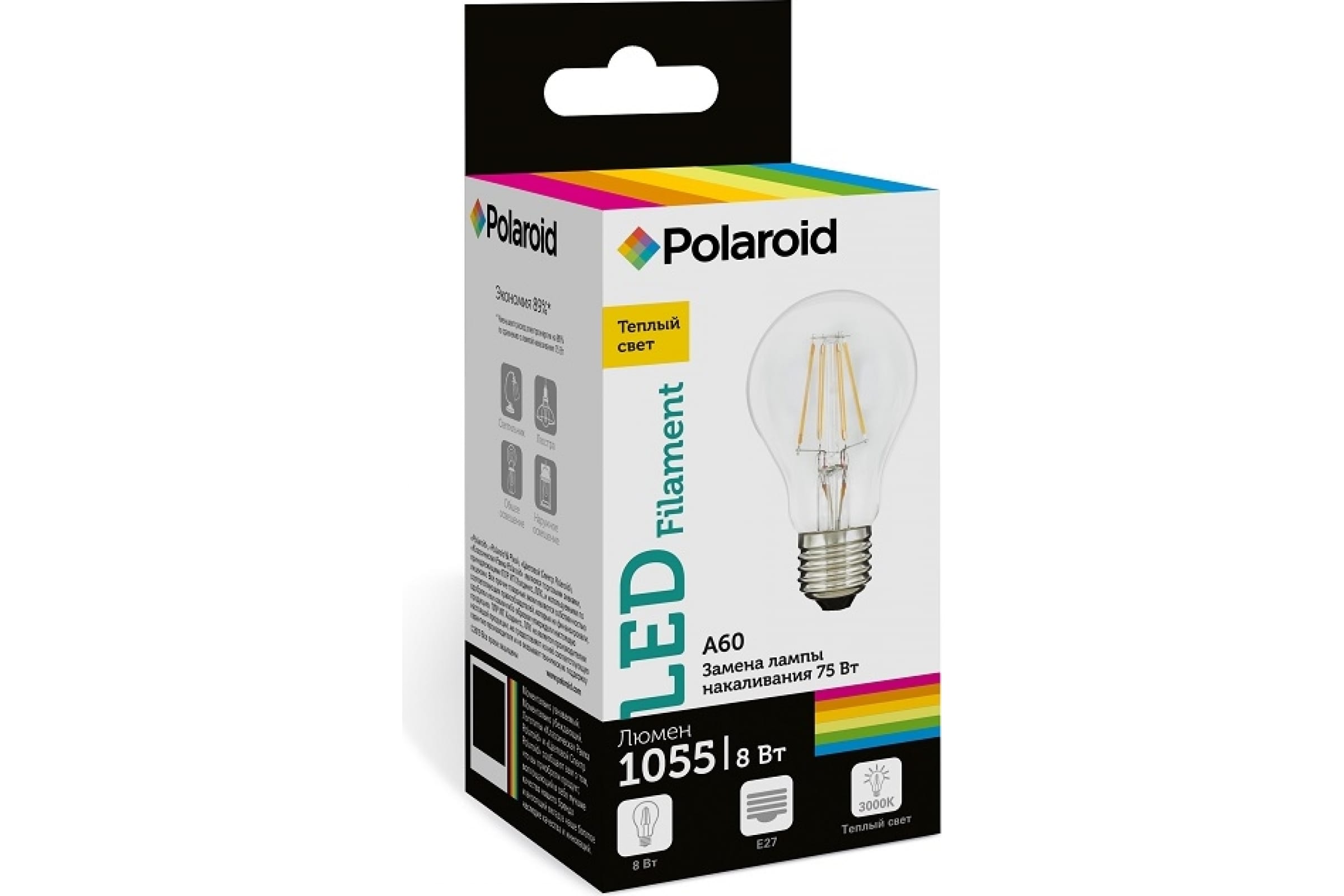 Polaroid Светодиодная лампа 220V FIL A60 8W 3000K E27 1055lm PL-A60F4283