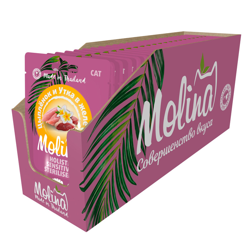 

Влажный корм для кошек Molina Цыпленок и Утка в желе, 24 шт по 70 г, Holistic Sensitive&Sterilised