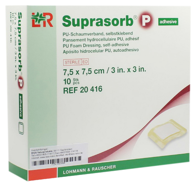 Полиуретановая адгезивная губчатая повязка, 7,5x7,5 см Suprasorb P