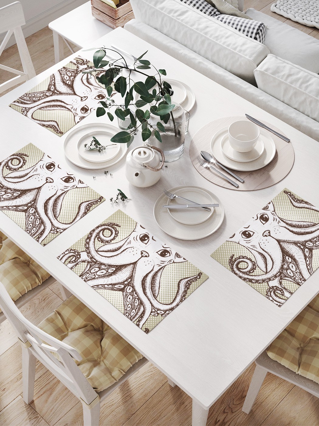 

JoyArty Комплект салфеток для сервировки стола «Кот со щупальцами» (32х46 см, 4 шт.), Золотистый;коричневый;белый