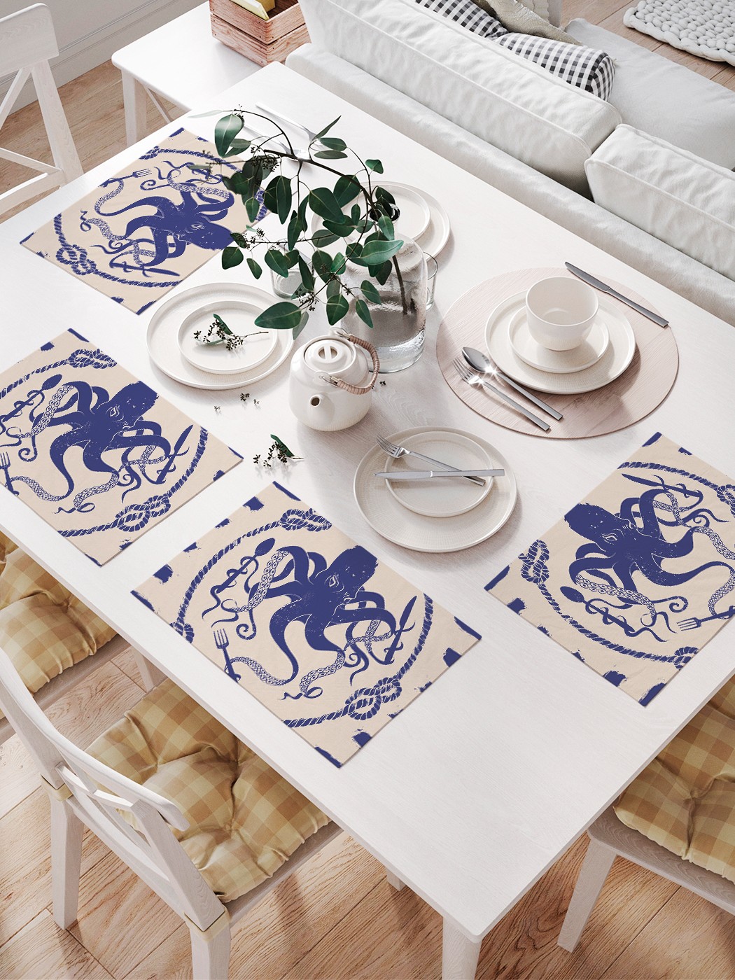 

JoyArty Комплект салфеток для сервировки стола «Осьминог и полосы» (32х46 см, 4 шт.), Синий;бежевый