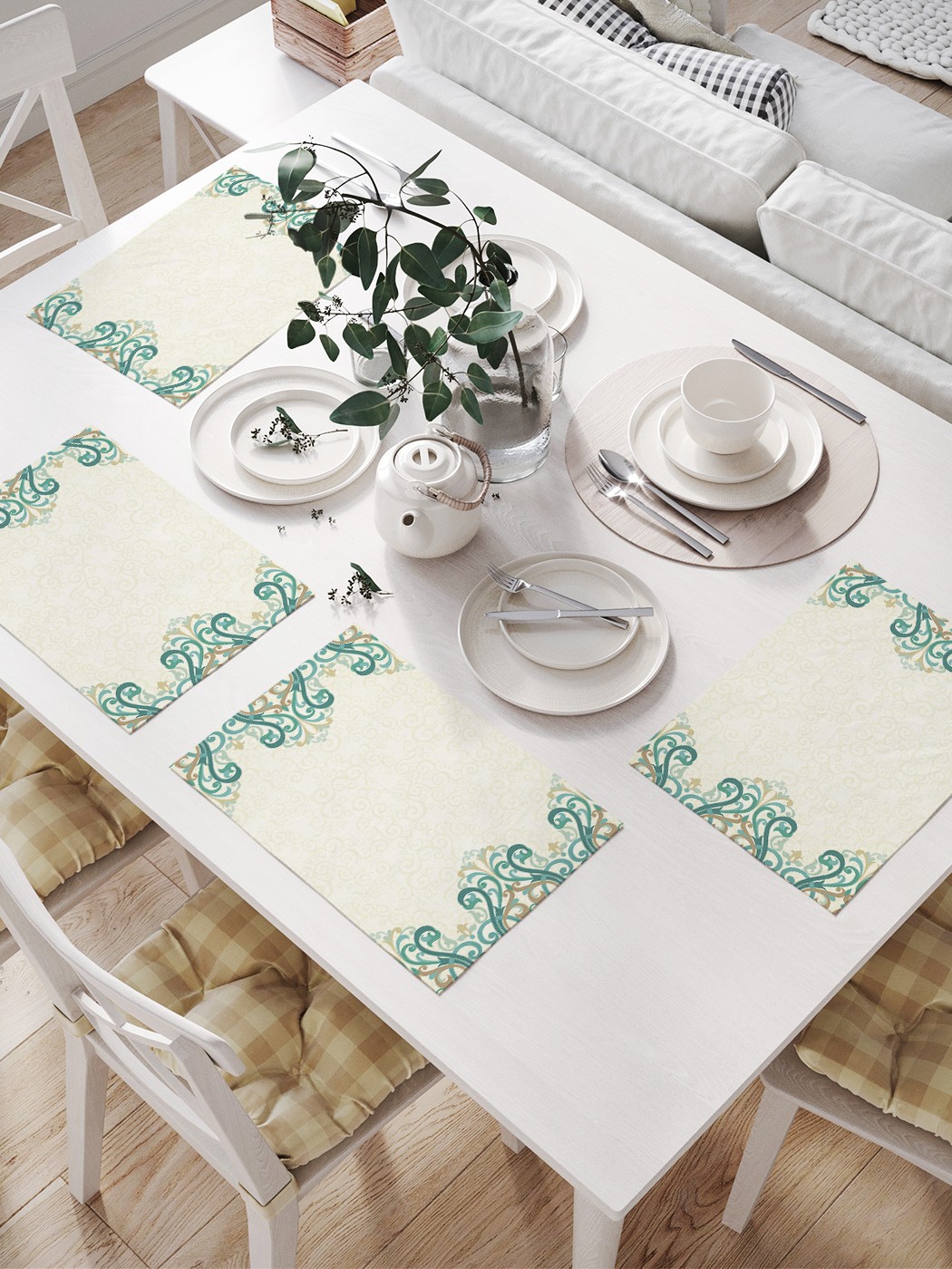 

JoyArty Комплект салфеток для сервировки стола «Встречные узоры» (32х46 см, 4 шт.), Голубой;синий;золотистый