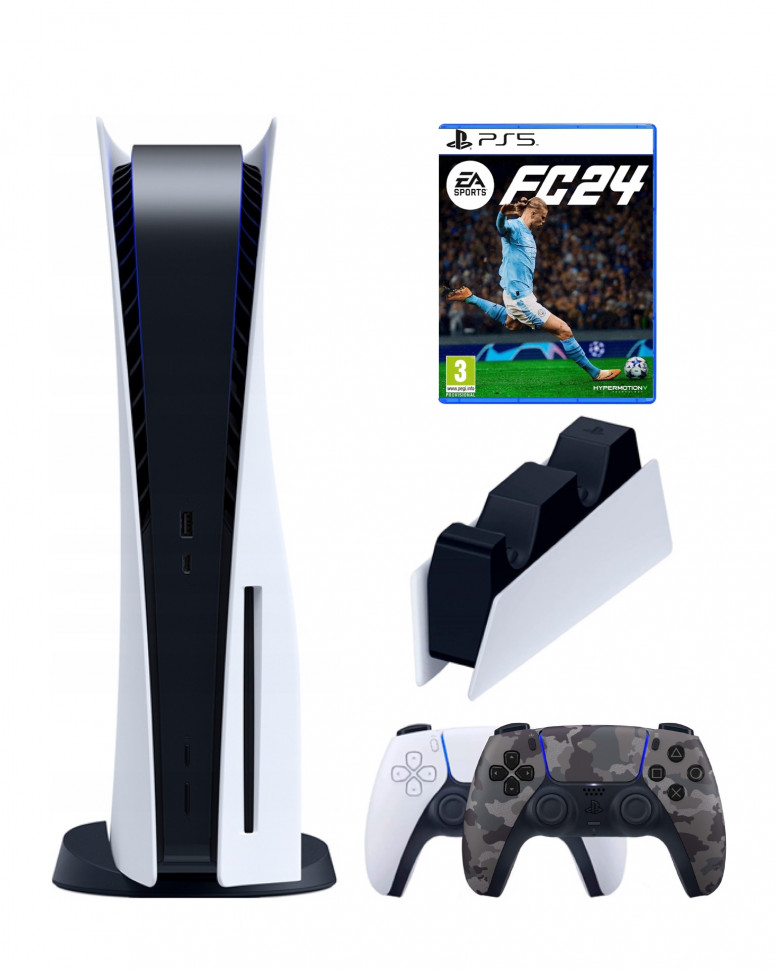 

Приставка Sony PlayStation 5+2-ой геймпад(камуфляжный)зарядное FC24 (диск), Белый;черный