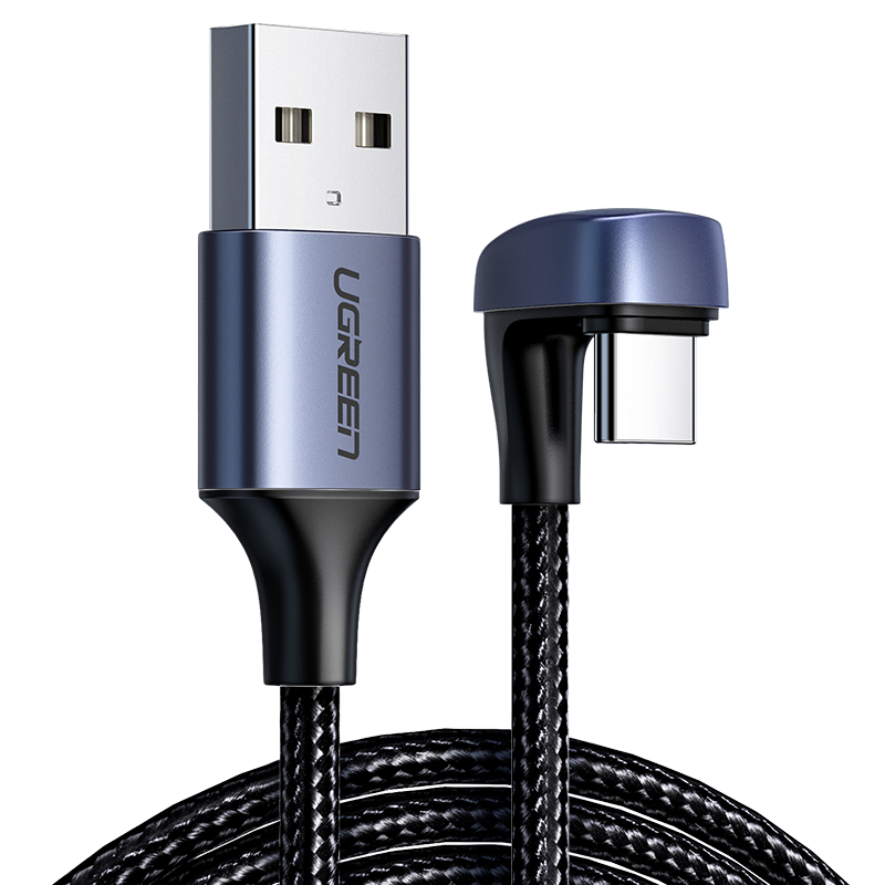Кабель угловой Ugreen A 2.0 USB-C, алюминиевый корпус с оплеткой, черный, 1 м