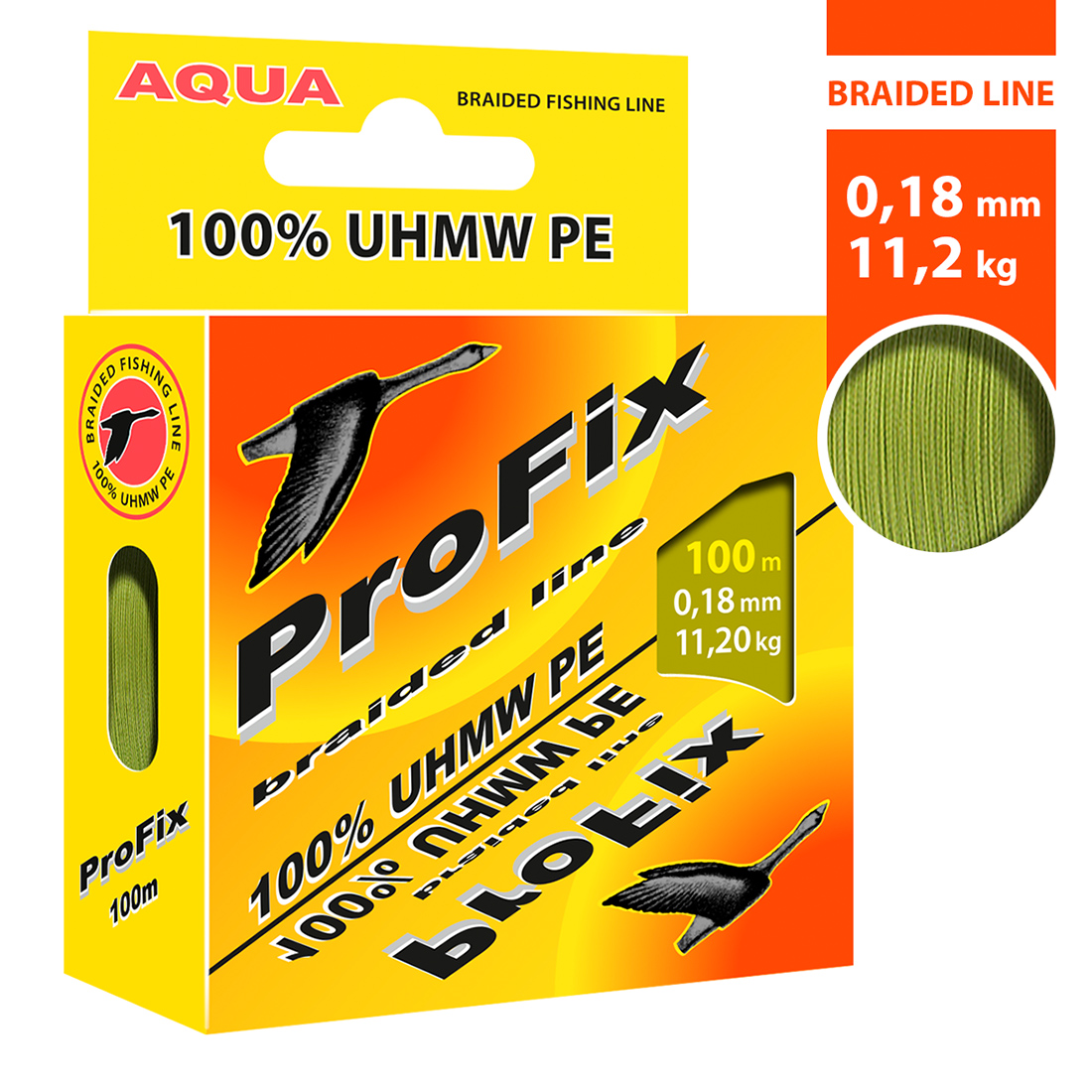 

Плетеный шнур AQUA ProFix Olive 0,18mm 100m, цвет - оливковый, test - 11,20kg, Желтый, ProFix