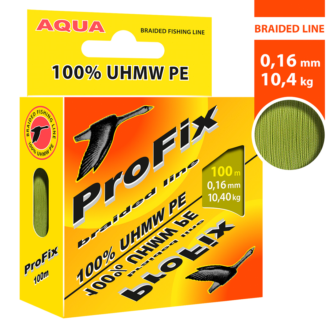 

Плетеный шнур AQUA ProFix Olive 0,16mm 100m, цвет - оливковый, test - 10,40kg, Желтый, ProFix