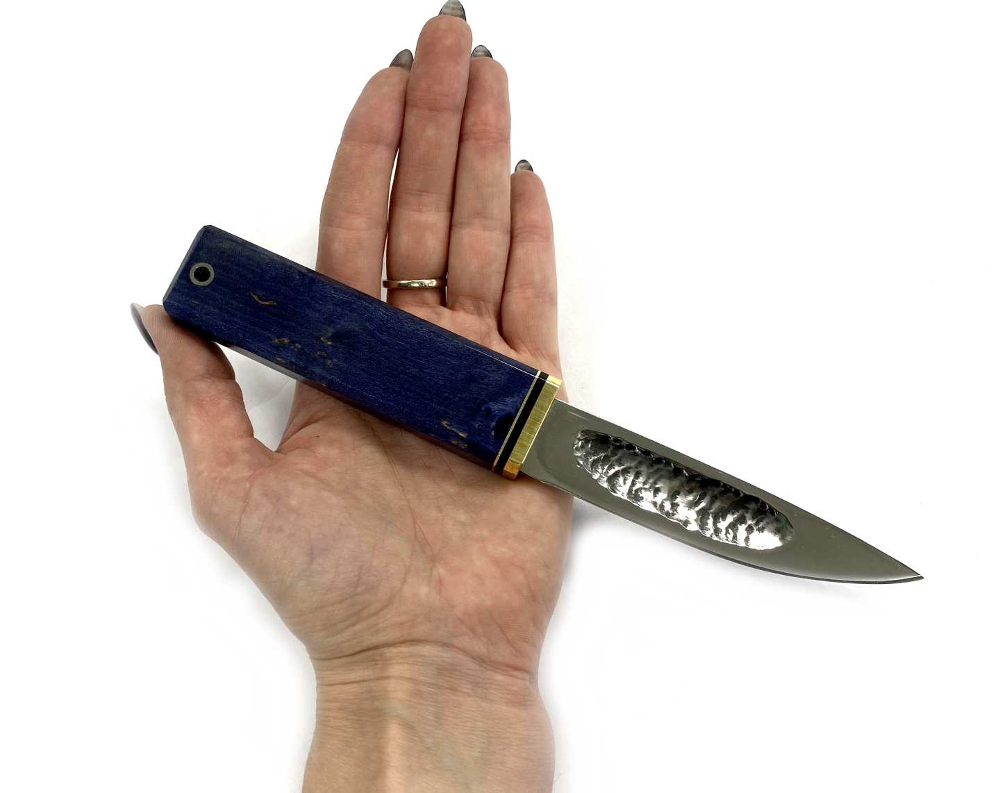 Нож Мастерская Скороводихина Шейный Якутский, D2, стаб карельская береза, синий