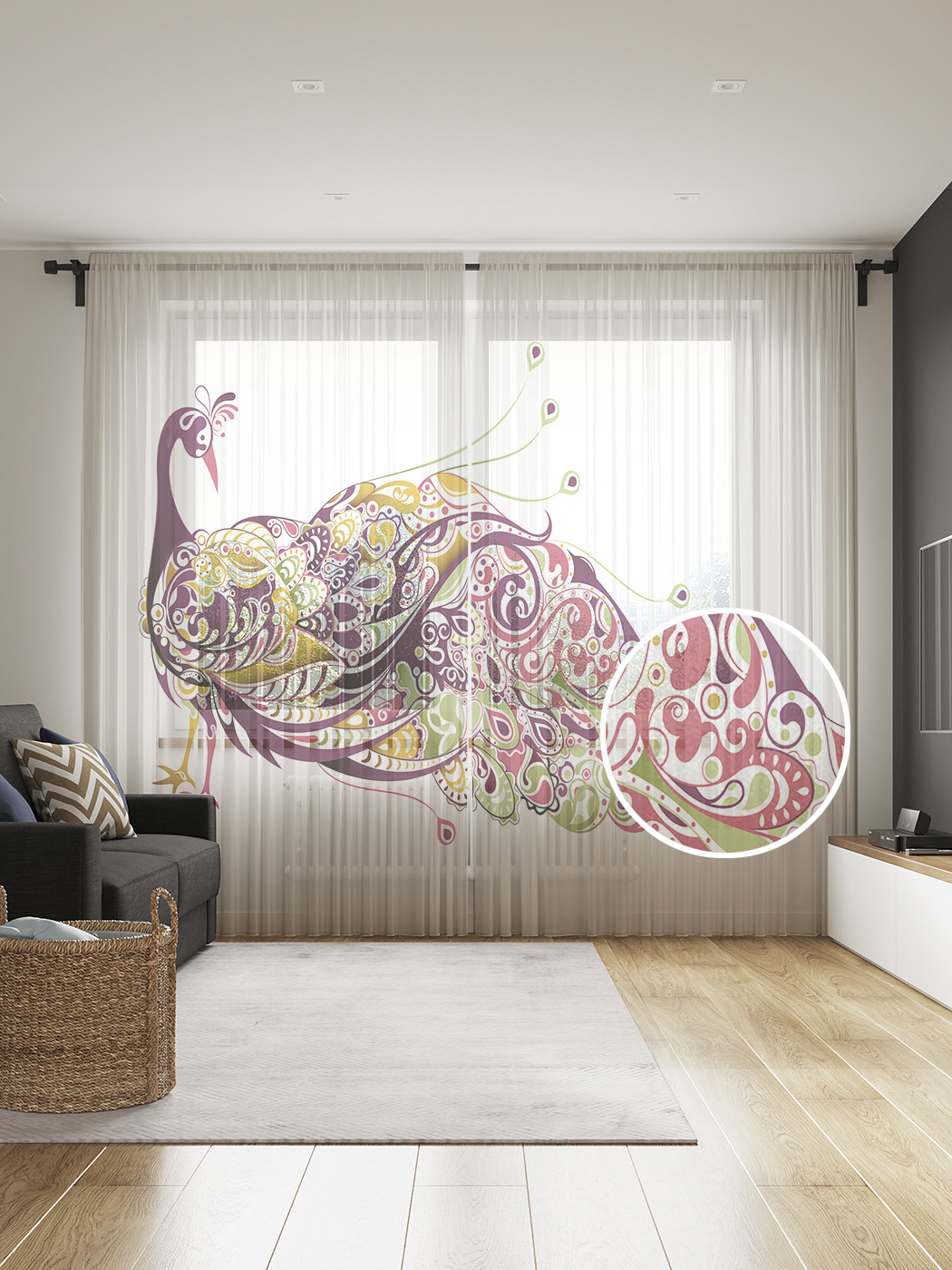 

Фототюль JoyArty "Удивление павлина", 145x265см (2 полотна со шторной лентой + 50 крючков), Удивление павлина