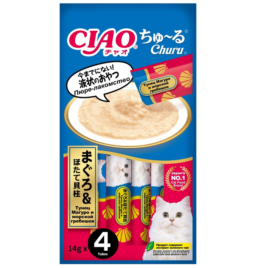 

Лакомство для кошек Inaba Ciao Churu, тунец магуро, морской гребешок, 48шт по 4*14г