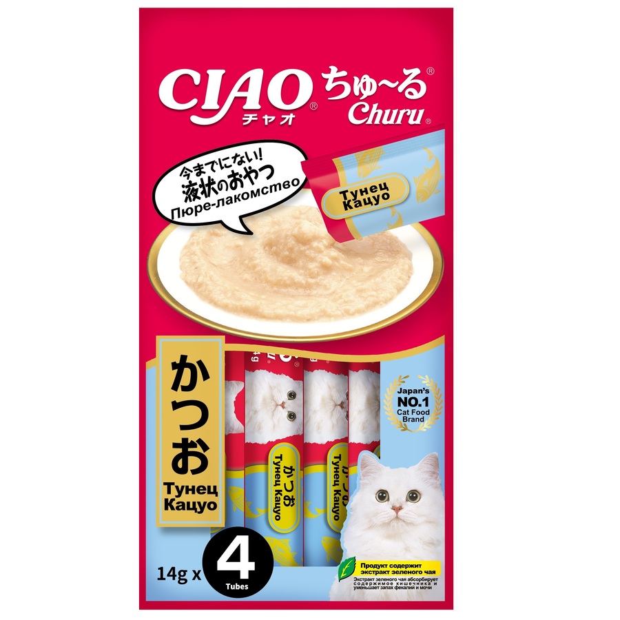 Лакомство для кошек Inaba Ciao Churu, пюре, тунец кацуо, 48шт по 4*14г