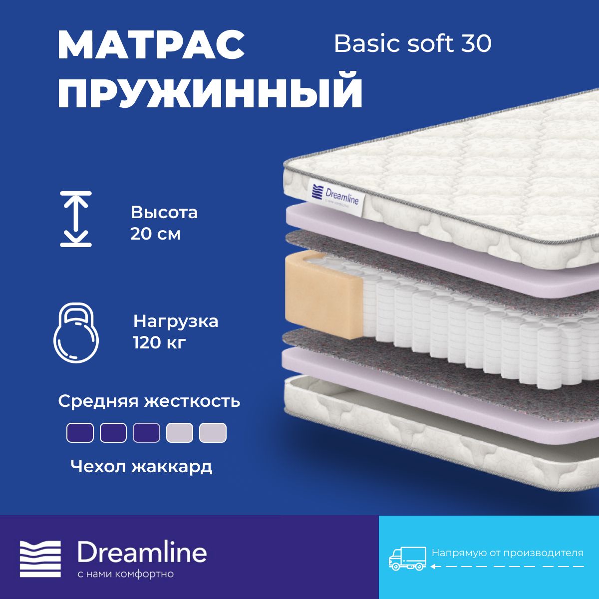 

Матрас анатомический DreamLine Basic soft 30 190х140х20, Белый, Basic soft 30