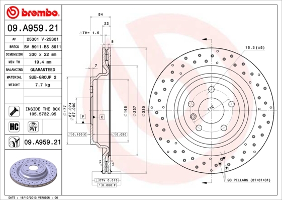 

Тормозной диск brembo комплект 1 шт. 09A95921