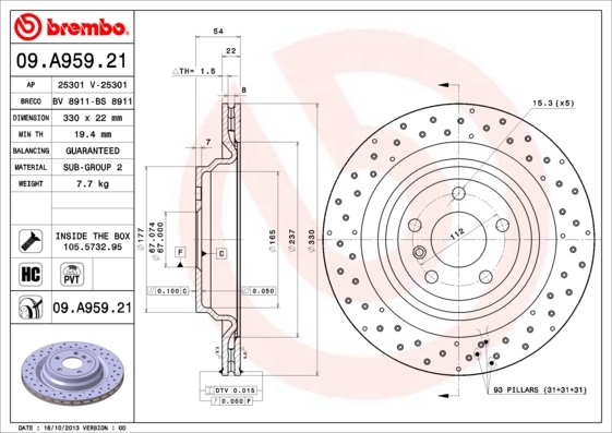 Тормозной диск brembo комплект 2 шт. 09A95921