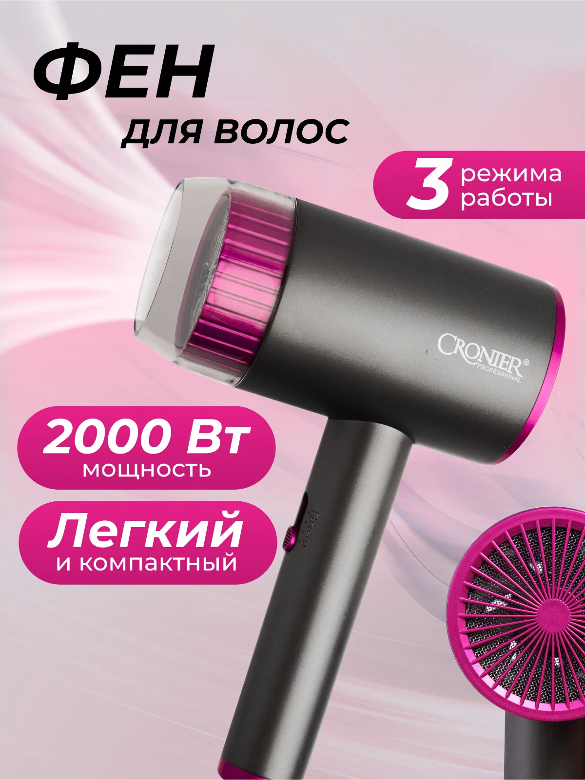 

Фен Cronier 0087-RC 2000 Вт черный, 0087-RC