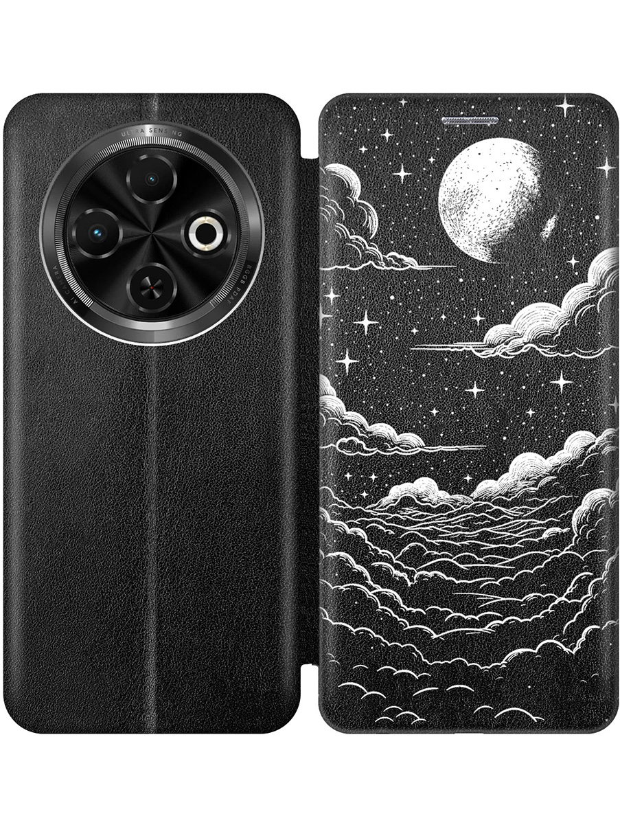 

Чехол-книжка на Tecno Spark 30C с принтом "Луна и облака" черный, Черный;белый, 786716341