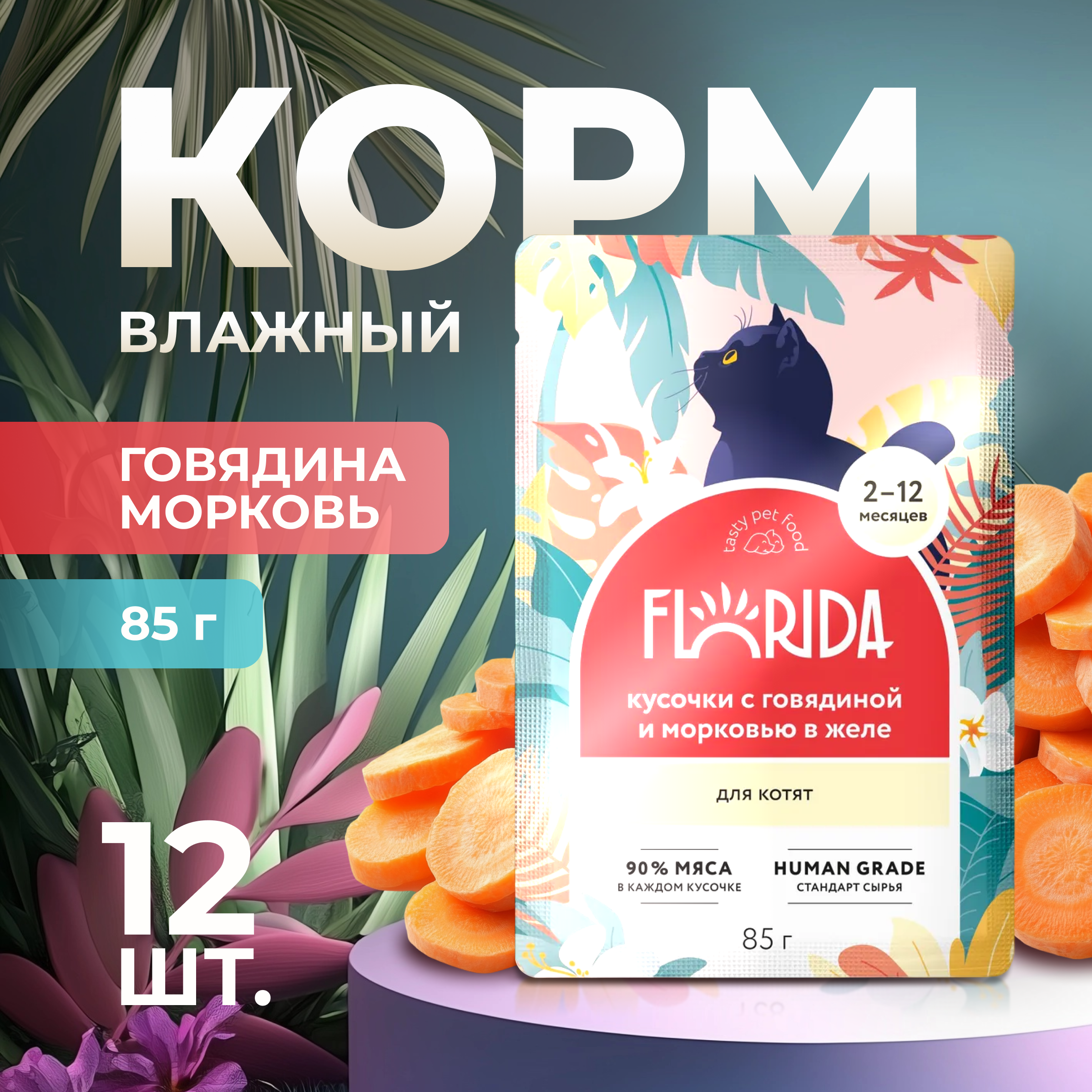 

Влажный корм для котят FLORIDA, с говядиной и морковью в желе, 12 шт по 85 г