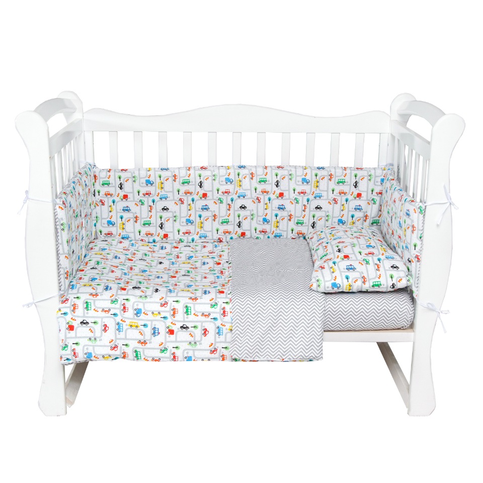 

Комплект в кроватку AmaroBaby 4 пр. Дорога, белый/серый (поплин), AMARO-3004