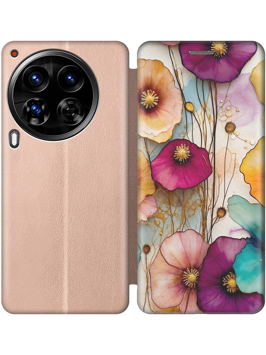 

Чехол-книжка на Tecno Camon 30 Premier 5g с принтом "Панно из цветов" золотой, Золотистый;красный;белый, 782633022