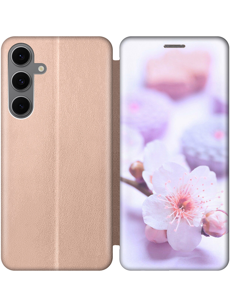 

Чехол-книжка на Samsung Galaxy S24 FE с принтом "Цветок вишни" золотой, Золотистый;белый;фиолетовый, 786718122