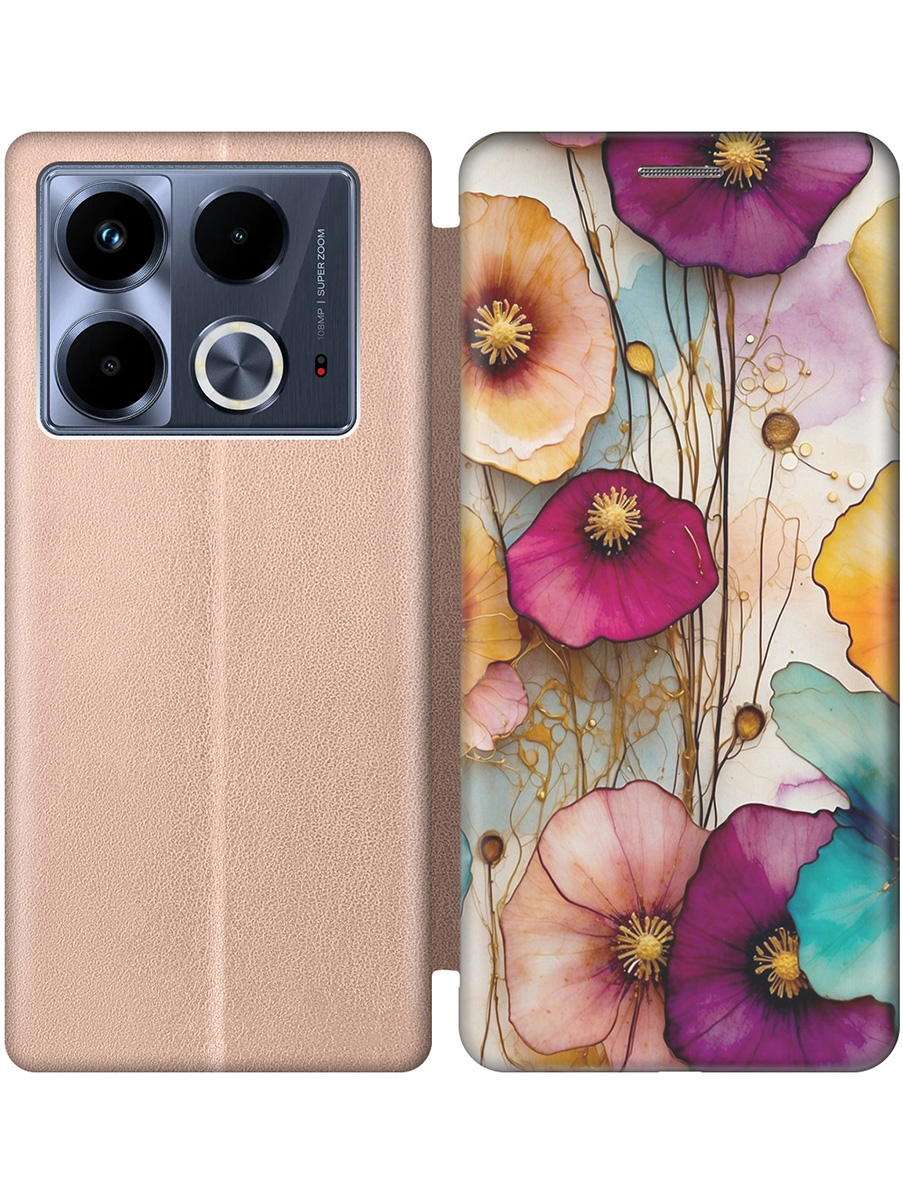 

Чехол-книжка на Infinix Note 40 с принтом "Панно из цветов" золотой, Золотистый;красный;белый, 782626422