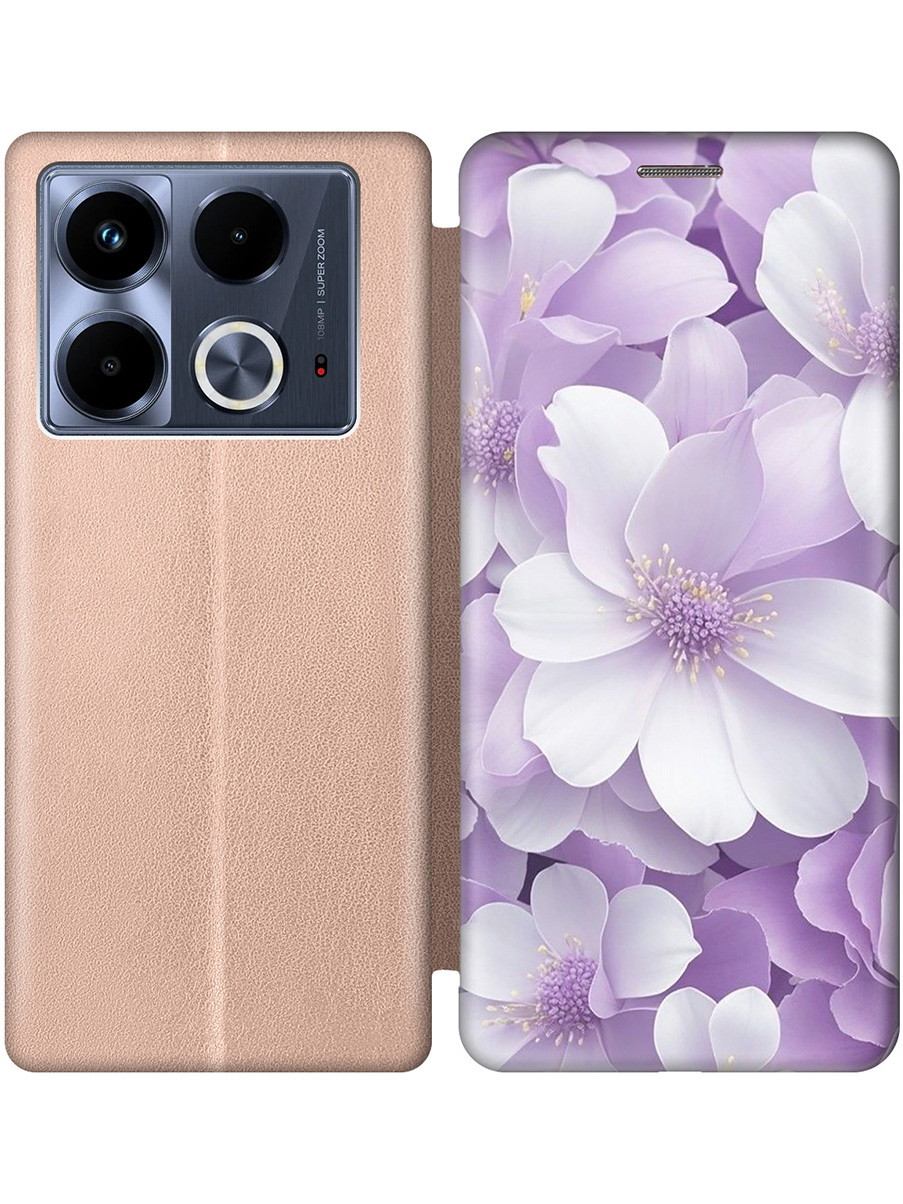 

Чехол-книжка на Infinix Note 40 с принтом "Бело-фиолетовые цветы" золотой, Золотистый;белый;фиолетовый, 782626421