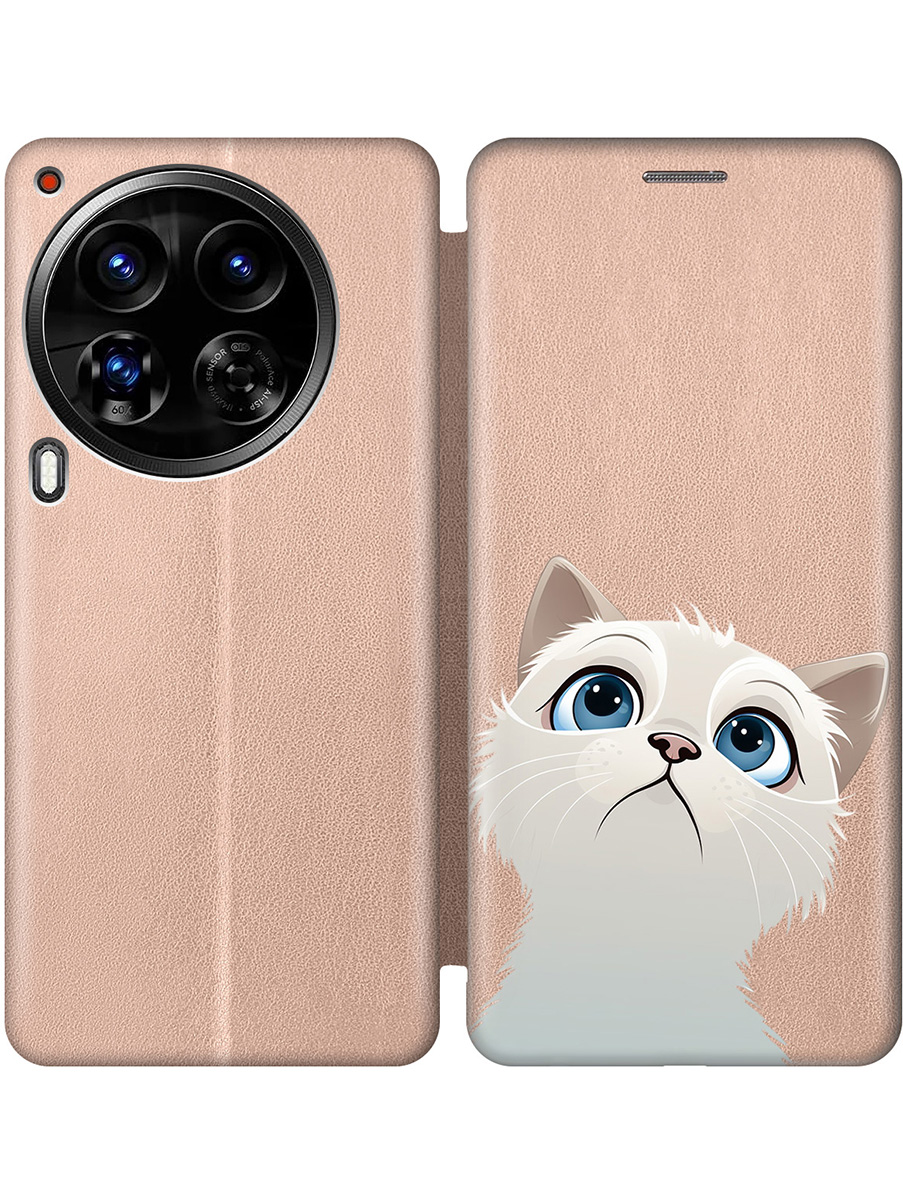 

Чехол-книжка на Tecno Camon 30 Premier 5g с принтом "Белый котик" золотой, 782633011
