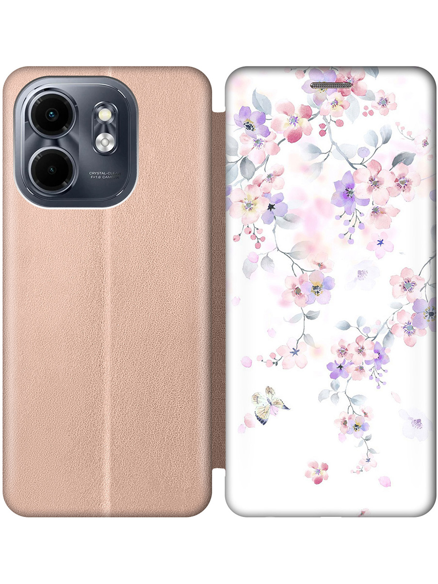 

Чехол-книжка на Infinix Hot 50i / Smart 9 с принтом "Акварельные цветы вишни" золотой, Золотистый;белый;розовый;фиолетовый, 786719322